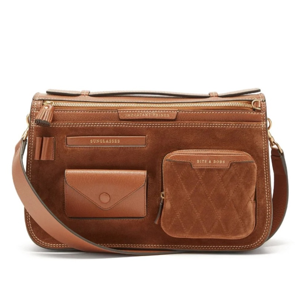 BEAUTIFUL ANYA HINDMARCH MULTI POCKET LEATHER-TRIM SUEDE SHOULDER BAG🤎👜